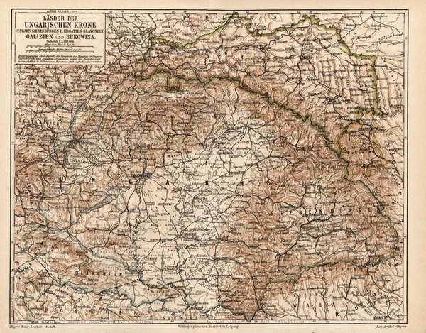 Länder der Ungarischen Krone, Galizien, Bukowina, Siebenbürgen .  Alte Landkarte von 1889.