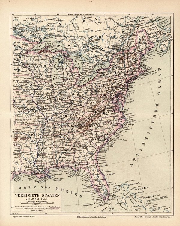 Vereinigte Staaten, östliches Blatt.  Alte Landkarte von 1889.