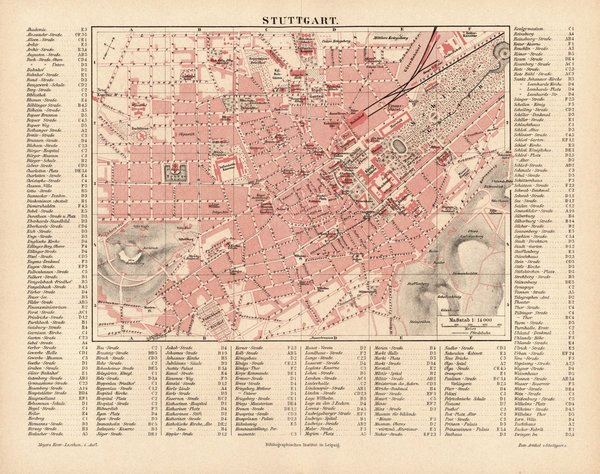 Stuttgart.  Alte Landkarte von 1889.