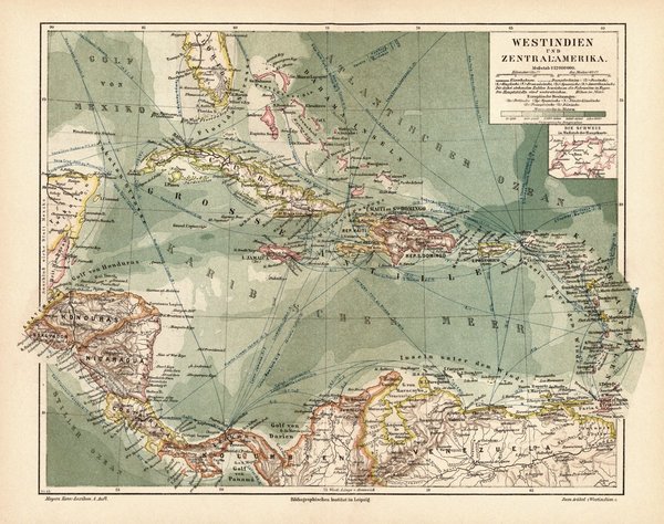 Westindien und Zentralamerika mit Panama-Kanal und Suez-Kanal.  Alte Landkarte von 1889.