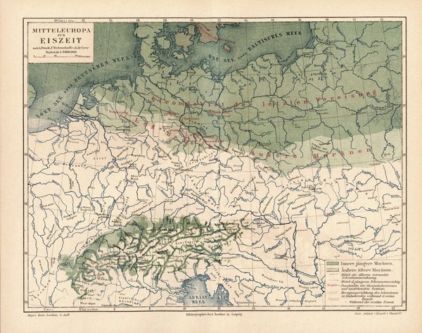 Mitteleuropa zur Eiszeit.  Alte Landkarte von 1889.