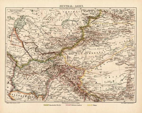 Zentralasien.  Alte Landkarte von 1889.
