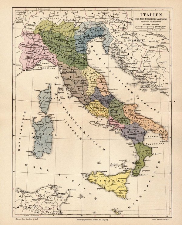 Italien zur Zeiter Kaisers Augustus.  Alte Landkarte von 1889.