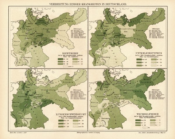Verbreitung einiger Krankheiten in Deutschland.  Alte Landkarte von 1889.