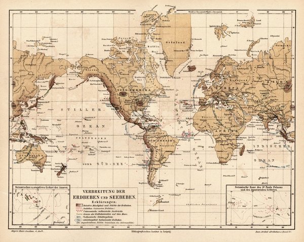 Verbreitung der Erdbeben und Seebeben.  Alte Landkarte von 1889.