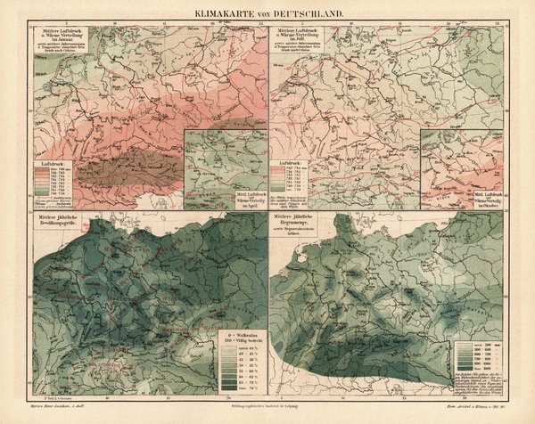 Klimakarte von Deutschland.  Alte Landkarte von 1889.