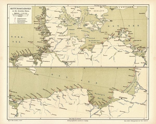 Rettungsstationen an den deutschen Küsten.  Alte Landkarte von 1889.