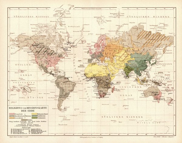 Religions- und Missionskarte der Erde.  Alte Landkarte von 1889.