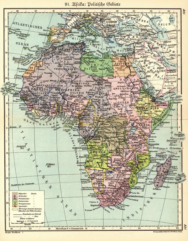 Afrika, Politische Gebiete.  Alte Landkarte von 1928.