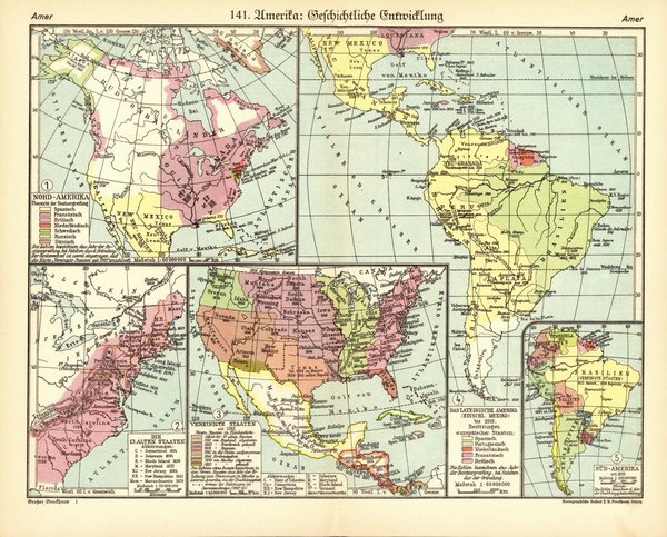 Amerika, geschichtliche Entwicklung.  Alte Landkarte von 1928.