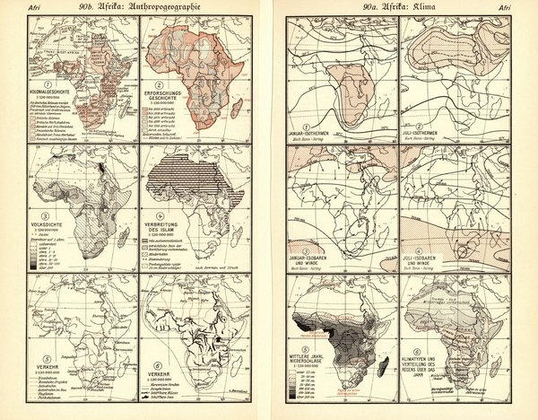 Afrika, Oberflächengestaltung.  Alte Landkarte von 1928.
