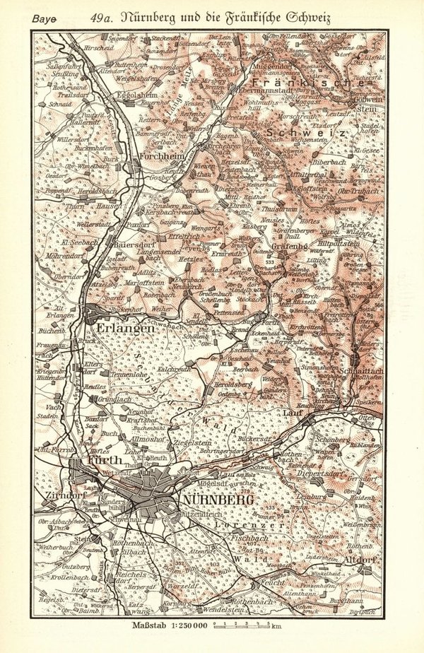 Bayern, nördlicher Teil.  Alte Landkarte von 1929.