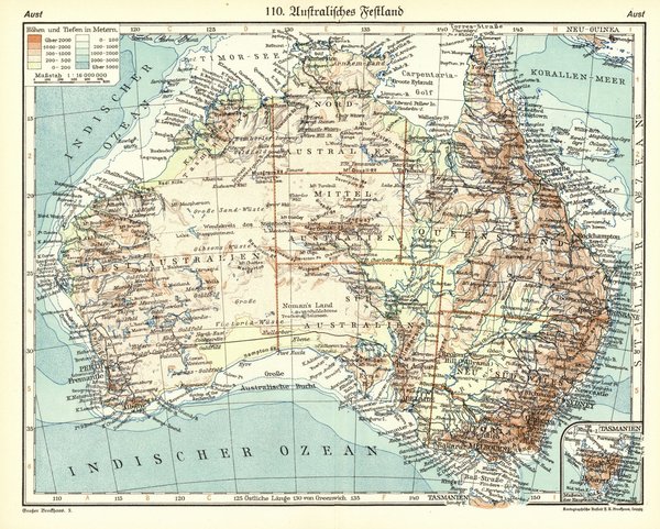 Australisches Festland.  Alte Landkarte von 1929.