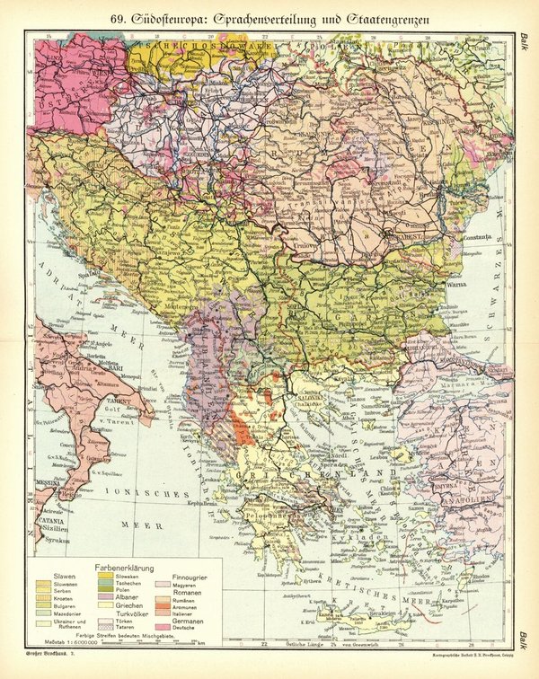 Südosteuropa, Sprachenverteilung und Staatengrenzen.  Alte Landkarte von 1929.