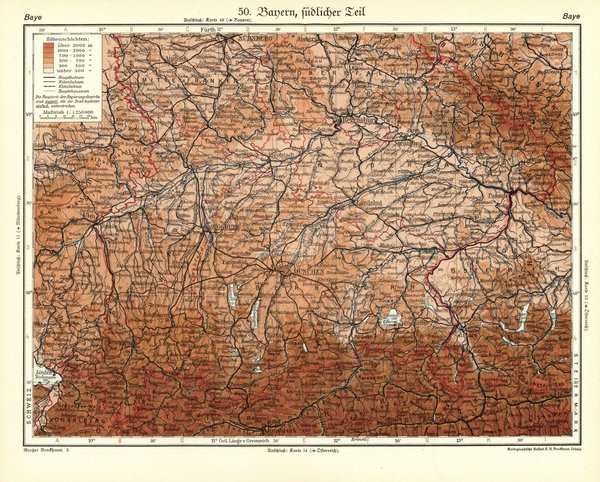 Bayern, südlicher Teil.  Alte Landkarte von 1929.