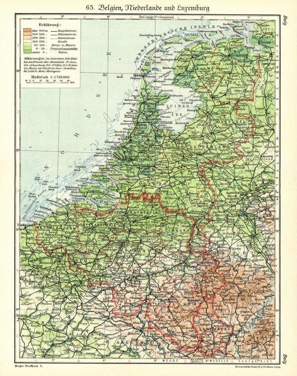Belgien, Niederlande und Luxemburg.  Alte Landkarte von 1929.
