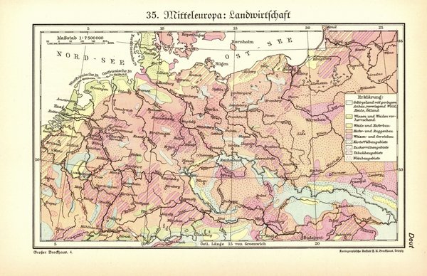 Mitteleuropa, Landwirtschaft.  Alte Landkarte von 1929.