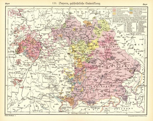 Bayern, geschichtliche Entwicklung.  Alte Landkarte von 1929.