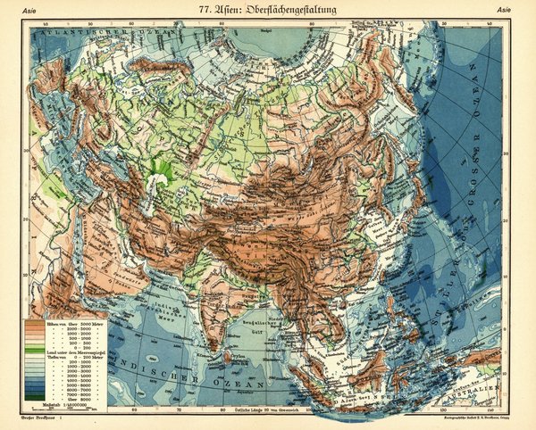 Asien, Oberflächengestaltung.  Alte Landkarte von 1928.