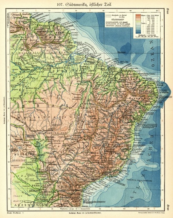 Südamerika, östlicher Teil.  Alte Landkarte von 1929.