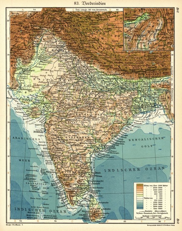 Vorderindien.  Alte Landkarte von 1929.