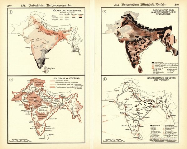 Vorderindien.  Alte Landkarte von 1929.
