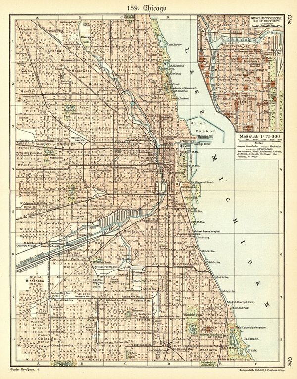 Chicago.  Alte Landkarte von 1929.