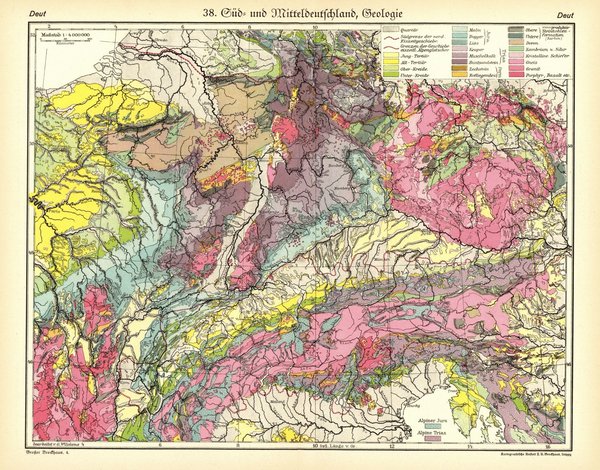 Süd- und Mitteldeutschland, Geologie.  Alte Landkarte von 1929.