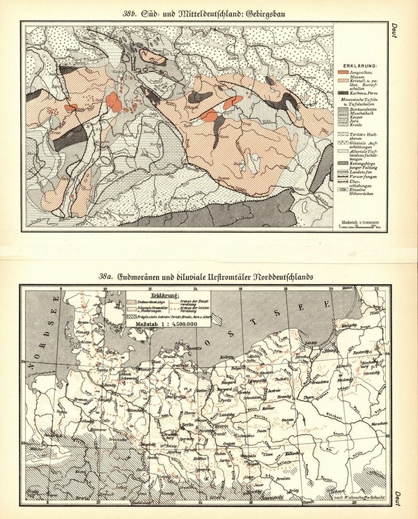 Süd- und Mitteldeutschland, Geologie.  Alte Landkarte von 1929.