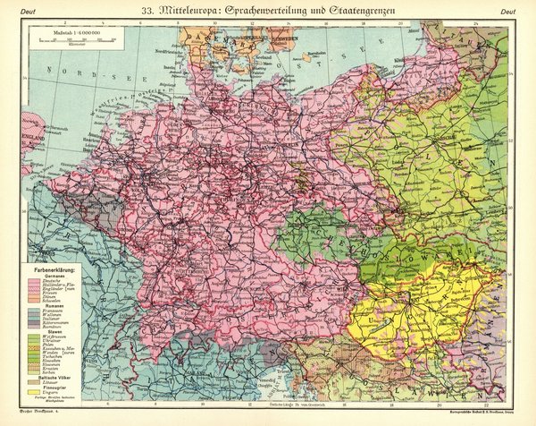 Mitteleuropa, Sprachenverteilung und Staaten.  Alte Landkarte von 1929.