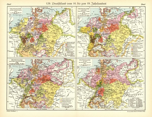 Deutschland vom 16. bis zum 19. Jahrhundert.  Alte Landkarte von 1929.