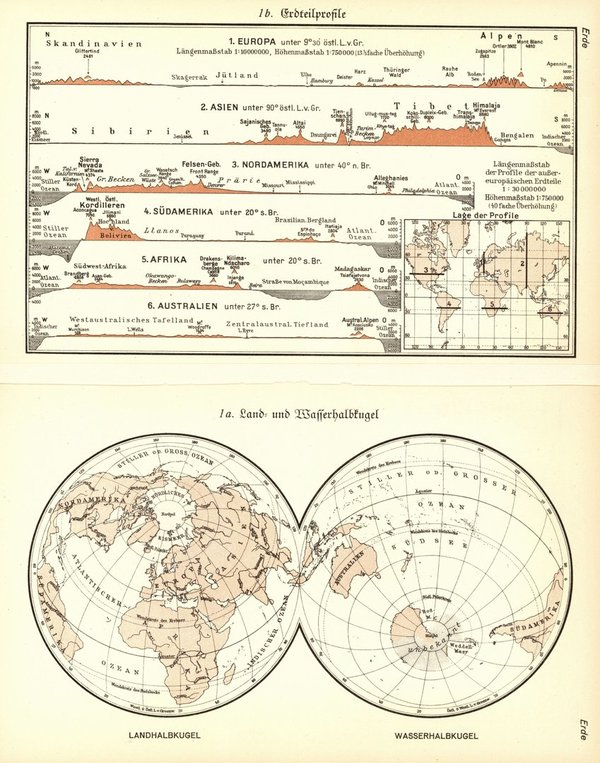 Landhöhen und Meerestiefen, Westlich Halbkugel.  Alte Landkarte von 1930.