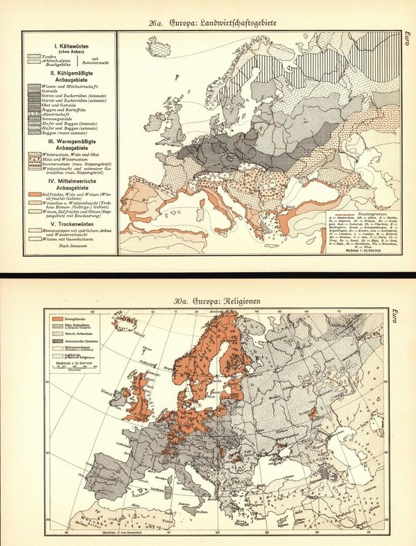 Europa, Klimagebiete und Bevölkerungsdichte.  Zwei alte Landkarten von 1930.