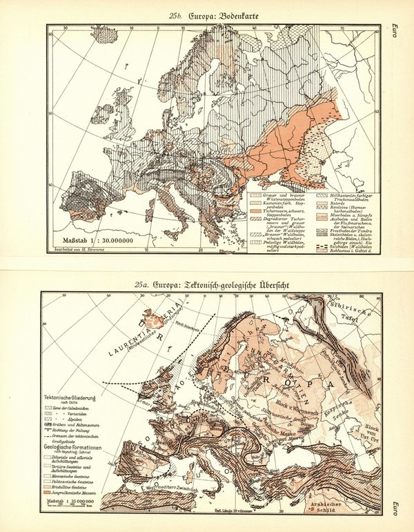 Europa, Oberflächengestaltung.  Alte Landkarte von 1930.