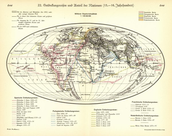 Entdeckungsreisen und Anteil der Nationen 15.- 16. Jhd.  Alte Landkarte von 1930.