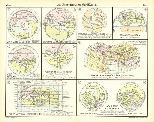 Entwicklung des Erdbildes I-III.  Alte Landkarte von 1930.
