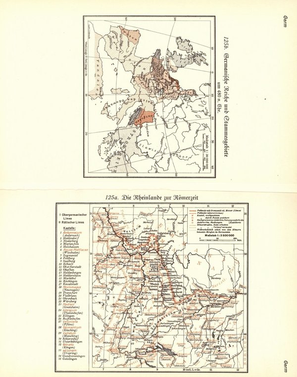 Germanien am Ende des 1. Jhd. n. Chr.  Alte Landkarte von 1930.