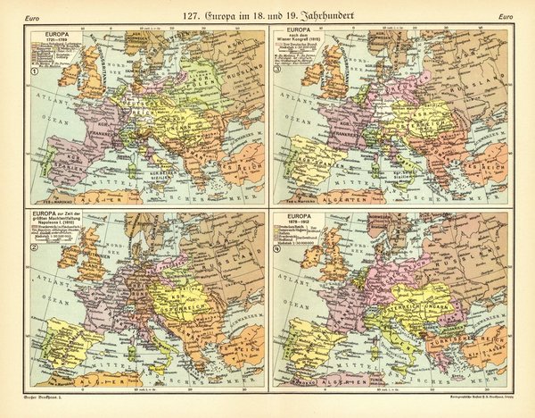 Europa im 18. und 19. Jahrhundert.  Alte Landkarte von 1930.