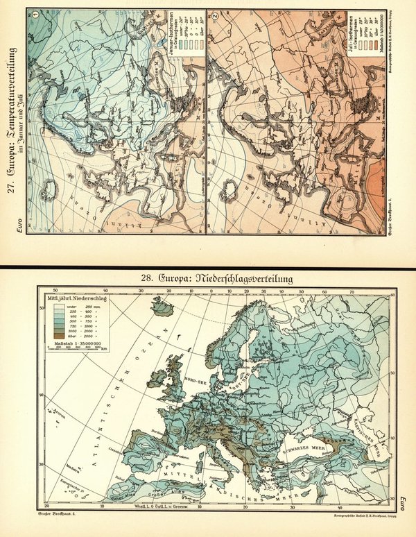 Europa, Niederschläge und Temperaurverteilung.  Zwei alte Landkarte von 1930.