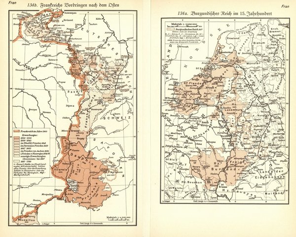 Frankreich vom Mittelalter bis zur Revolution.  Alte Landkarte von 1930.