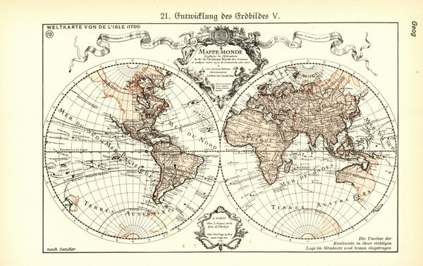 Entwicklung des Erdbildes IV-V.  Alte Landkarte von 1930.