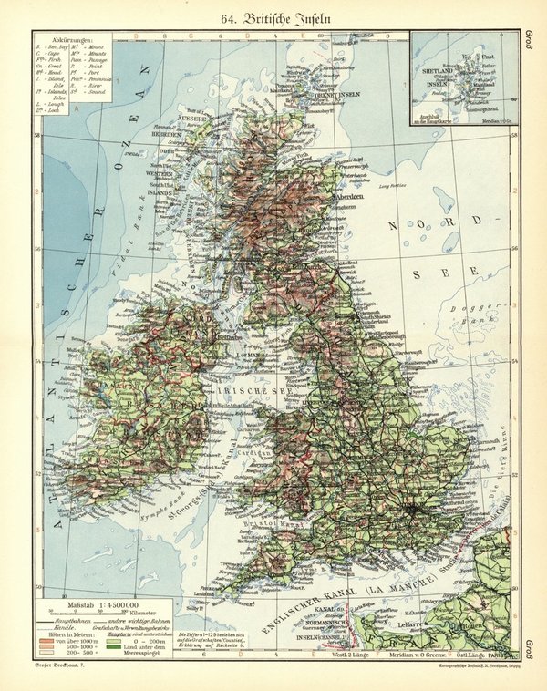 Britische Inseln.  Alte Landkarte von 1930.