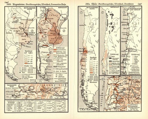 Südamerika, südlicher Teil.  Alte Landkarte von 1932.