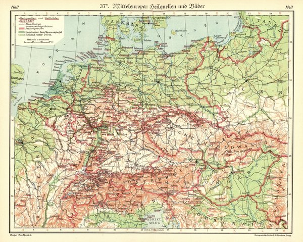 Mitteleuropa, Heilquellen und Bäder.  Alte Landkarte von 1931.