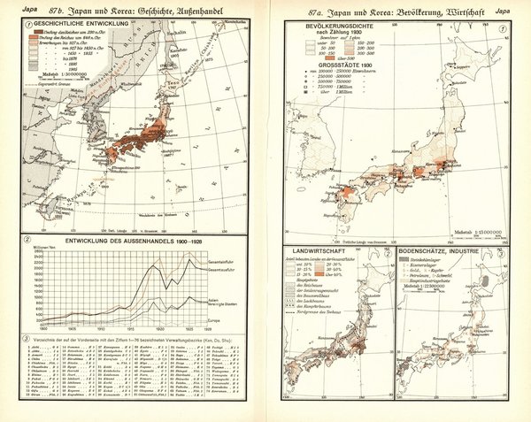 Japan und Korea.  Alte Landkarte von 1931.