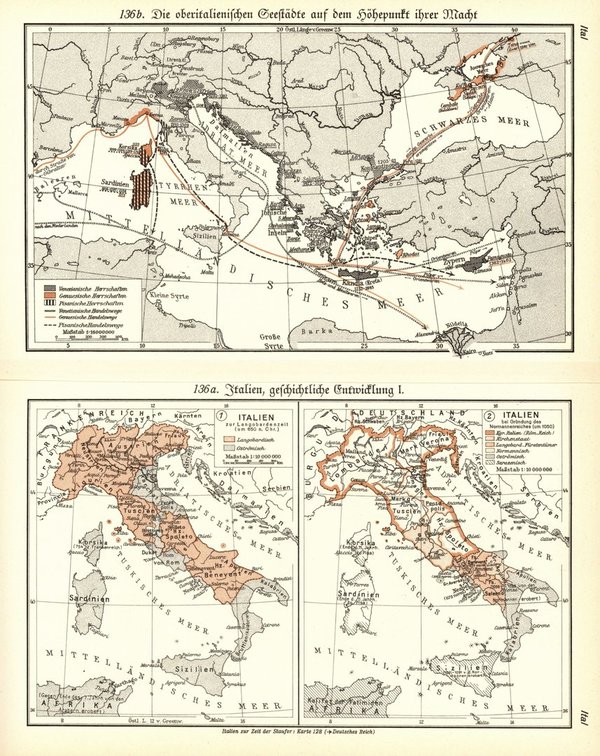 Italien, geschichtliche Entwicklung.  Alte Landkarte von 1931.