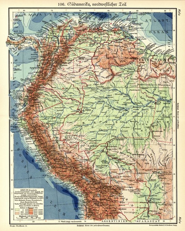 Südamerika, nordwestlicher Teil.  Alte Landkarte von 1931.