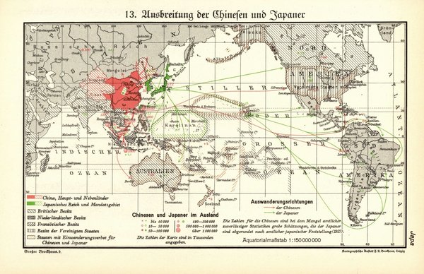 Ausbreitung der Chinesen und Japaner.  Alte Landkarte von 1931.
