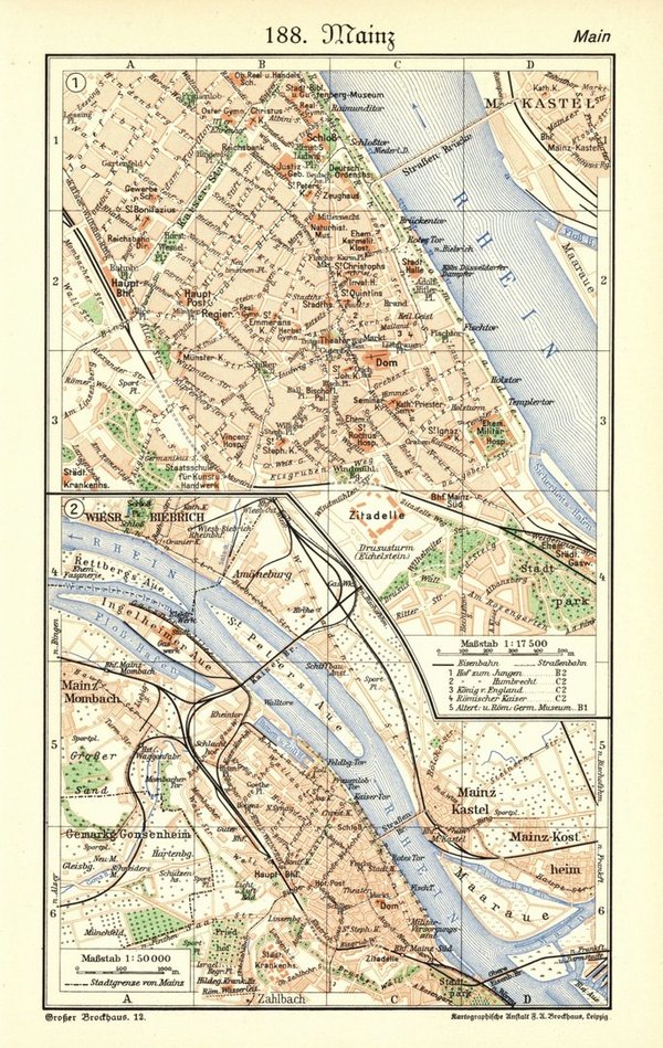 Mainz.  Alte Landkarte von 1932.