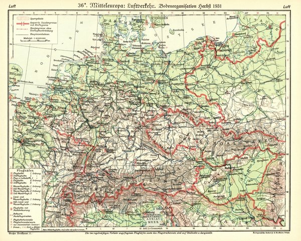 Mitteleuropa, Luftverkehr, Bodenorganisation Herbst 1931.  Alte Landkarte von 1932.